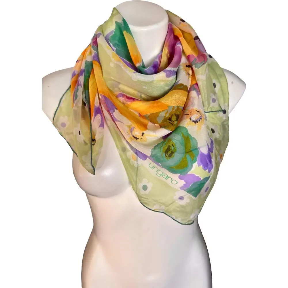 Vintage Ungaro Silk Floral Scarf 1990s Purple Green Yellow Square 34x34